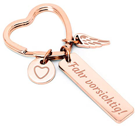 Glitzkind Herz Schlüsselanhänger »Fahr vorsichtig« | Auto-Schlüssel Glücksbringer Schutzengel Engel Anhänger Geschenk zum Führerschein Geburtstag Weihnachten Frauen Mama Partnerin Tochter | Silber