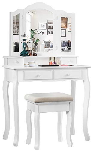RELAX4LIFE Schminktisch Set, Frisiertischset mit 3 Jalousien und 4 Schubladen, Mehrzweckfrisiertisch mit Massivholzbeinen und gepolstertem Hocker, moderner Stil, 80 x 40 x 138CM, weiß