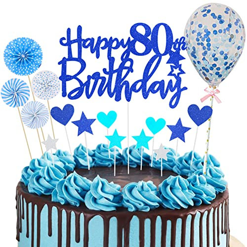 80th Birthday Cake Topper Blue Glitter Royal Blue Happy 80th Birthday Cupcake Topper Set with Star Heart Paper Fan Balloon Dark Blue Cake Decorations Kit for Men Women Him Her Eighty Years Old Party