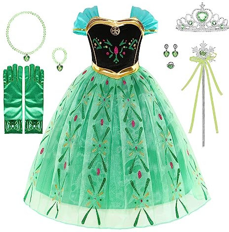 WIOLETA Anna Prinzessin Kleid Mädchen Prinzessin Kostüm Mädchen mit Krone, Zauberstab, Halskette, Armband, Ohrringen, Ring, Handschuhen für 3-8 Jahre