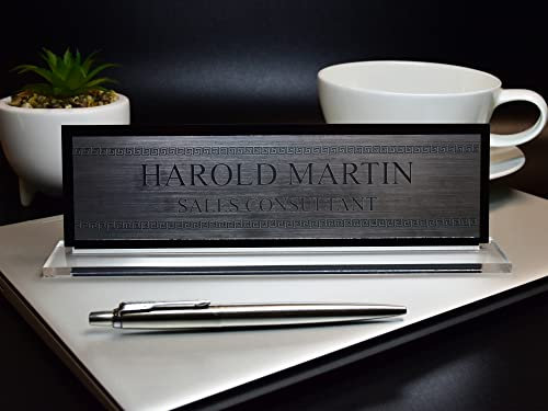 Badgemaster Custom Personalised Engraved Standing Mosaic Pattern Acrylic Office Home Desk Name Plaque Gold/Silver Front Plate Bespoke Modern Gift Teacher Graduate Manager Assistant Executive