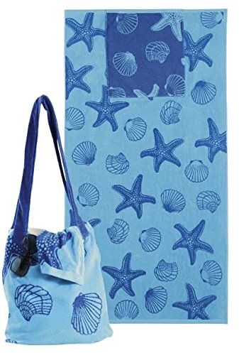 Delindo Lifestyle Frottee Strandtuch mit integrierter Schulter Tasche blau, 100% Baumwolle, Strandlaken in 90x170 cm