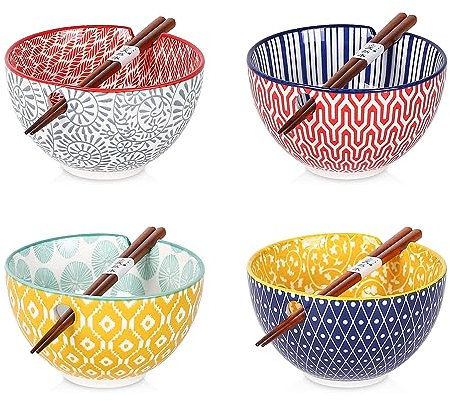 Selamica Ramenschüssel-Set aus Keramik, 425 ml, Nudelschalen für die Küche mit Essstäbchen, tiefe Suppenschalen für japanische Ramen, Udon Soba, mikrowellen- und spülmaschinenfest, 4 Stück,