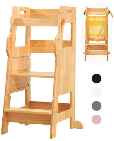FUNLIO Lernturm ab 2 Jahre mit Sicherheitsnetz, Kinderküchen-Tritthocker, 3-stufig Verstellbarer Tritthocker für Kleinkinder, Montessori Lernturm für Kinder, Einfach zu Montieren