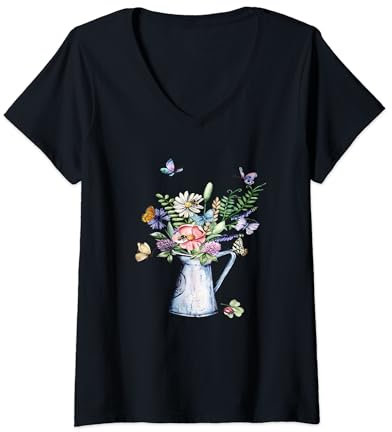Femme Pichet à eau mignon abeille papillon fleurs sauvages Cottagecore T-Shirt avec Col en V