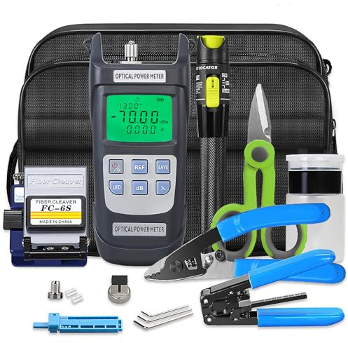 9 in 1 Fiber Optic Termination Tool Kit FTTH Cable Cold Welding Tool Set with FC-6S Optical Fiber Cleaver and 30mw Visual Fault Locator VFL 30KM with -70~+10dbm Y710A 2 in 1 OPM Fiber Optic Tool kit