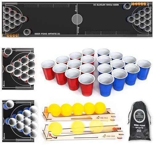 VimrOd Ensemble de gobelets à bière pong de 20,3 m, table de pong à bière, jeu à boire pour les fêtes d'adultes, avec jeu de boules en bois, 12 balles de pong à bière, 24 gobelets en plastique,