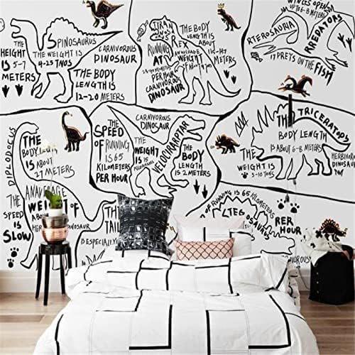 XLMING Dinosaure De Dessin Animé Peint À La Main Noir Et Blanc Chambre À Coucher Canapé Salon Fond Tv Mur Papier Peint 3D-300cm×210cm