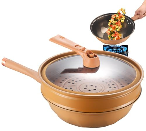 Smileshiney Bratwok mit Deckel, Wok mit Dampfkorb | Multifunktionale Bratpfanne Schnellerhitzung - Küchenutensilien, schnelle Wärmeleitung, zum Kochen von Eiern, Gebäck, Fisch, Gemüse,