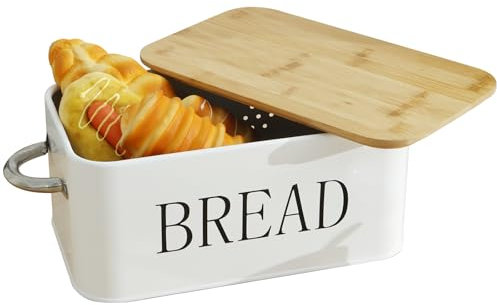 Bread Bins for Kitchen, Metal Bread Box with Handle and Bamboo Lid for Cutting Bread Board Rectangular Bread Holder Metal Bread Bin Bread Storage Container Bread Keeper Box for Bagel Sandwich Toast