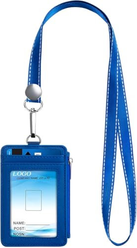 MHDAMAI Porta Badge Porta Tessera Badge con Cerniera Porta Pass Identificazione Portabadge in Pelle Pu Uomini Donne Portafoglio con Cordino da Collo per Infermiera Insegnante Studenti,Blu