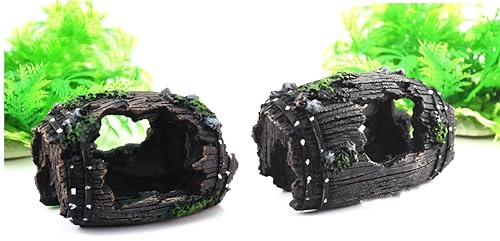 WOO LANDO 2er Set Aquarium Harz-Fass-Ornament – Natürliche Höhlen-Deko für Fische & Garnelen – Bruchfass-Landschaftsdeko für Süß- & Salzwasseraquarien (Dark)