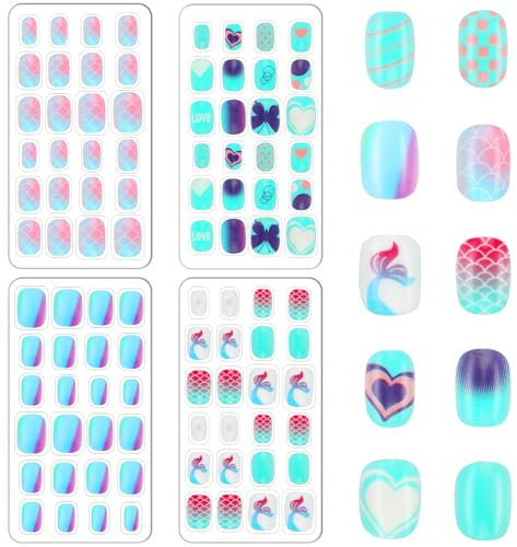 Lot de 96 faux ongles à presser pour enfants - Couverture complète - Ongles courts à coller - Faux ongles pré-adhésifs pour filles et enfants - Décoration d'ongles - Cadeaux de fête (bleu et vert)