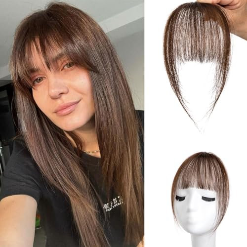 Pony-Haarverlängerung zum Anklippen, 100% Echthaar, für Damen, Haarteil, gebogener Pony für den täglichen Gebrauch, Dunkelbraun, Wispy Bangs