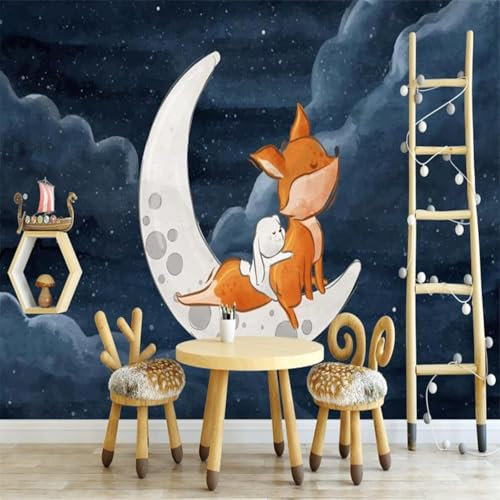 XLMING Lune Étoiles Dessin Animé Animal Renard Lapin 3D Papier Peint Décoratif Bureau Salle à Manger Salon Chambre à Coucher Canapé TV Mur-300cm×210cm