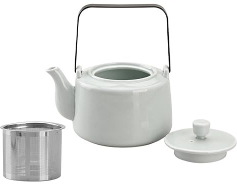 Amoysanli Antique Ceramic Teapot Coffee Pot with Infuser, 400ml (1-2 cups) Small Porcelain Tea Pots for Loose Leaf Tea, with Removable Stainless Steel Strainer and Lid for Gift (Light Cyan(Handle))