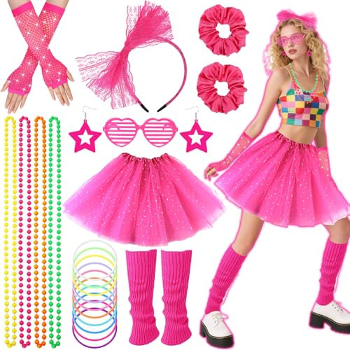 1980s Fancy Dress Costume Set for Girls, 80s Neon Retro Outfit Set with Tutu Skirt Gloves Leg Warmers Headband Earrings Bracelets Necklaces Glasses Scrunchies for Women 80s Theme Cosplay Hen Do Party
