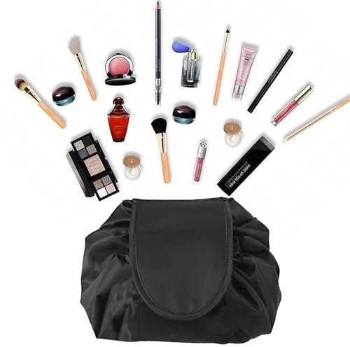 Drawstring Makeup Bag,Flat Lay Makeup Bag,Large Capacity Waterproof Portable Draw String Make Up Bags for Women Magic Travel Cosmetic Pouch Toiletry Organizer Small Pocket for Lazy Ladies Girl Black
