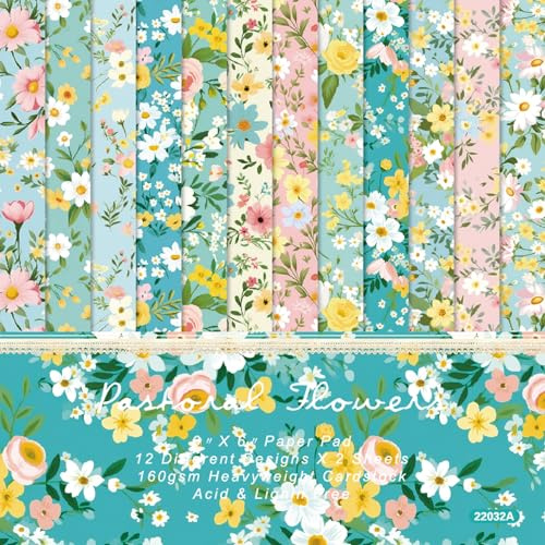 24 Sheets Flower Scrapbooking Paper,12 Style Pattern Scrapbook Cardstock Pads,Decoupage Paper Sheets Scrapbook Craft Papers for Scrapbook Supplies,Gift Wrapping,DIY Collage Decoration (Pattern-C)