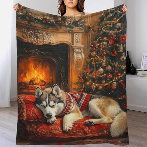 Sleeping Husky Dog by Fireplace Christmas Scene Kids Fluffy Blanket Microfiber Tv Blanket for Picnic Gift for Family & Friend 60x80inch(150x200cm)