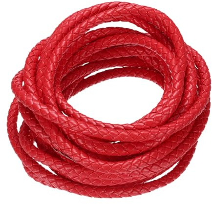 M METERXITY Round Braided Leather Cord, 5 Yards 7mm Six-Strand Faux Beading String Rope Bolo Tie 5 Meters Long for Jewelry Making/DIY Crafts, String Macrame Bracelet Thread [Red]