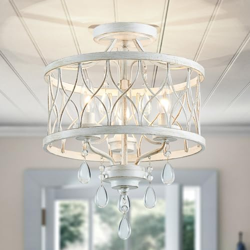 WUZUPS Kronleuchter 3-Licht Vintage Bauernhaus Industrielle Semi-Flush Mount Deckenleuchte Beleuchtung für Foyer Schlafzimmer Flur Aufbewahrungsraum Küche, H 40,6 x W 32,5, E14 Basis, Antik Weiß