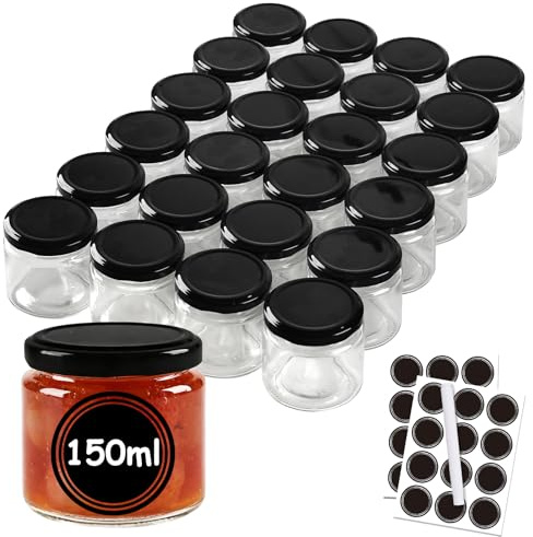 BLIENKREBY 24 Tarros de Cristal para Conservas de 150 ml, Con Etiquetas y Rotulador, Herméticos Apto para Lavavajillas, Ideales para Regalar