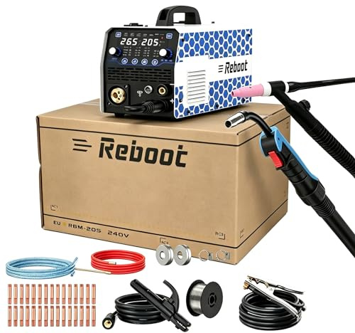 Reboot Saldatrice multifunzione 7 in 1, 205 A, MIG/MAG, filo animato senza gas, MMA Lift-TIG con torcia TIG, saldatura a punti, predisposta per alluminio, display digitale IGBT 230 V, per fai da te e