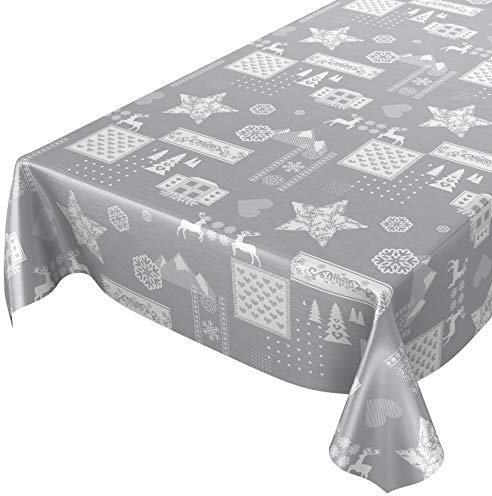 ANRO Wachstuchtischdecke Wachstuch abwaschbar Tischdecke Weihnachten Weihnachtsstimmung Silber 160 x 140cm, Schnittkante