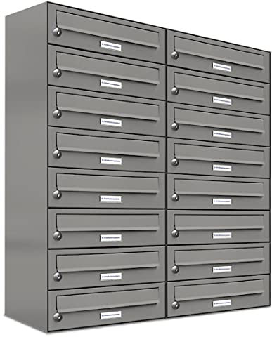AL Briefkastensysteme 16er Briefkastenanlage Aluminiumgrau RAL 9007, Premium Briefkasten DIN A4, 16 Fach Postkasten modern Aufputz