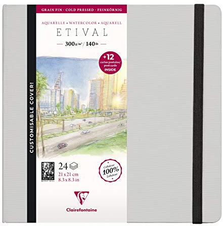 Clairefontaine 975447C - Un carnet cousu de papier dessin Etival à grain fin comprenant 24 pages 21x21 cm 300g + 12 cartes postales pré-imprimées
