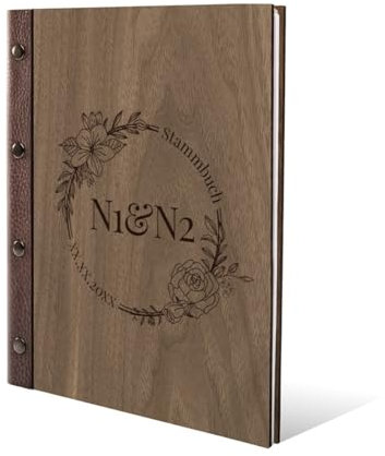 Personalisiertes Stammbuch Hochzeit aus echtem Holz mit Leder Rücken A5 oder A4 inkl. vorgedruckten Seiten - Blumen Initialen