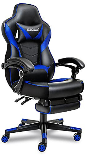 Fullwatt Video Racing Gaming Chair with Footrest for Adults PU Leather High Back Adjustable Chairs Swivel Office Desk Chair with Lumbar,Headrest(BLACK & BLUE)