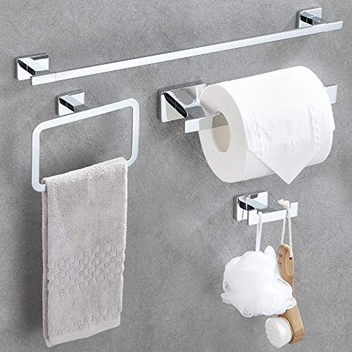 DUFU 4-teilige Handtuchhalter Badzubehör Set, 60CM Langer Edelstahl Handtuchstange Toilettenpapierhalter Handtuchring Bademantelhaken Bohren Handtuchhalter Wandmontage Handtuchhalter, Silber