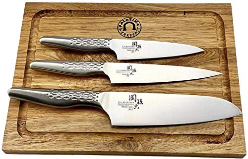 Kit professionnel Kai Seki Magoroku Shoso | Couteau tout acier | Santoku + 2 x couteaux tout usage + planche de chêne 30x22 cm prix boutique: 199, €