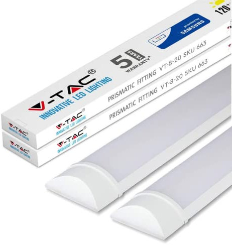 V-TAC LED Batten 20W 2Ft Tube Light 4000K Day White for Wall and Ceiling | Samsung LED Fixture for Shed, Kitchen and Garage - 60cm [Pack of 2]