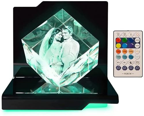 LOOXIS Personalisiertes 3D Laser-Foto vom eigenen Bild in Viamant-Glas gelasert –80 x 80 x 80 mm, Hologramm– Geschenkidee Männer, Frauen, Valentinstag, Hochzeitstag– Precious L, inkl. Leuchtsockel