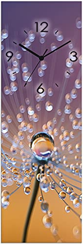 ARTLAND Wanddeko Wanduhr ohne Tickgeräusche Glas Funkuhr 20x60 cm Rechteckig Lautlos Blumenbilder Pusteblume Wassertropfen Modern Orange Blau U1TA