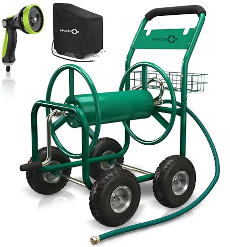 IMPACTHOR Schlauchtrommelwagen, robuste Schlauchtrommel mit 4 soliden Rädern, Gleitschlauchführungssystem, hält 7,6 m Schlauchkapazität für Garten und Hof