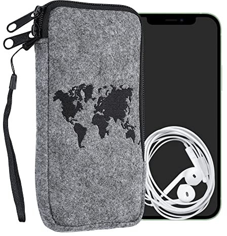 kwmobile Handytasche für Smartphones XL - 6,7/6,8 - Handy Filztasche - Travel Umriss Schwarz Hellgrau - Innenmaße