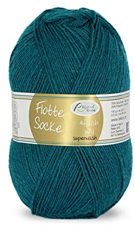 Rellana Flotte Socke uni,100 Gr. 4-fädige Sockenwolle, 75% Schurwolle(Superwash)/25% Polyamid, (913 petrol)