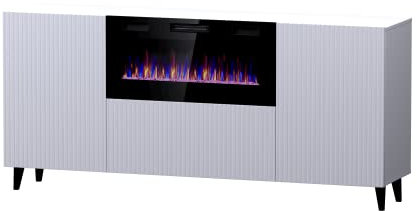 BIM Furniture Cómoda Pafos de 180 cm con chimenea eléctrica frontal fresada MDF 3 puertas aparador armario abierto estantes bufé (blanco mate)