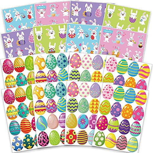 AWAMED 256 Stück Oster-Aufkleber, 128 Designs, Hasen-Osterei-Aufkleber, Frohe Ostern, Urlaubsdekoration, Partyzubehör, Belohnungsgeschenke (16 Blatt)