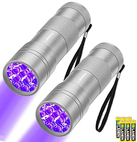 LEAGY 2er Pack 12 LED 395nm Mini-UV-Taschenlampen mit Batterien - Haustier-Urin-Detektor, zur Fälschungserkennung, Banknoten, Dokumentenüberprüfung usw (Silber)
