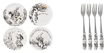 V&A Alice in Wonderland Side Plates, for Dinner, Afternoon Tea or Breakfast, Fine China, 20.5 cm, Set of 4 & V&A 5227081 Alice in Wonderland Stainless Steel Dessert/Pastry Forks, 15.5 cm - White
