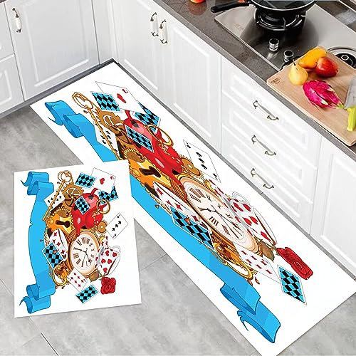 Kitchen Rug Sets Non Slip Kitchen Floor Carpet Mats,Alice in Wonderland,Mad Design of Cards Clocks Tea Pots Keys Flowers ,Machine Washable Floor Rug for Laundry Room Entryway Kitchen(45x70cm+45x120cm)