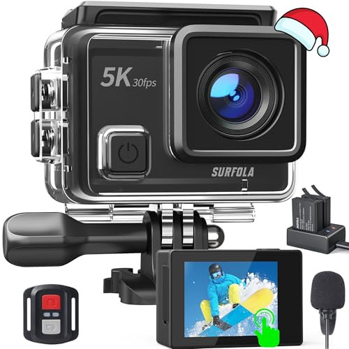 Surfola Caméra Sport SF430 5K 30FPS 24MP, étanche 40M et 2 Piles 1350mAh Batteries, WiFi d'action avec Ecran LCD Tactile, EIS Stabilisateur, Télécommande 2.4 G et Kit d'accessoires