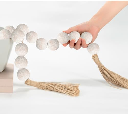 OMISHE Extra große Holzperlen-Girlande, rustikales Weiß mit 4,1 cm Durchmesser, Holzperlen und Quasten, 104,1 cm lang, rustikales Bauernhaus, dekorative Perlen für Zuhause, Tablett-Dekoration