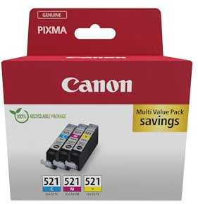 Canon CLI-521 C M Y Vorteilspack 3 Tintenpatronen (Cyan, Magenta, Gelb) Original [Umweltfreundliche Recycle-Kartonverpackung 2024]