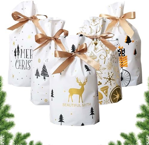 50 Stücke Geschenkbeutel Weihnachten,Geschenkverpackung Weihnachten mit Band&mit Kordelzug,Weihnachtstiiten Klein,Süßigkeiten Taschen,Weihnachtstüten Süßigkeiten Plastik Tasche für Hochzeit Frohe